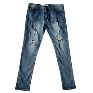Men’s Distressed Vintage Bkue Wash Denim Skinny Jeans